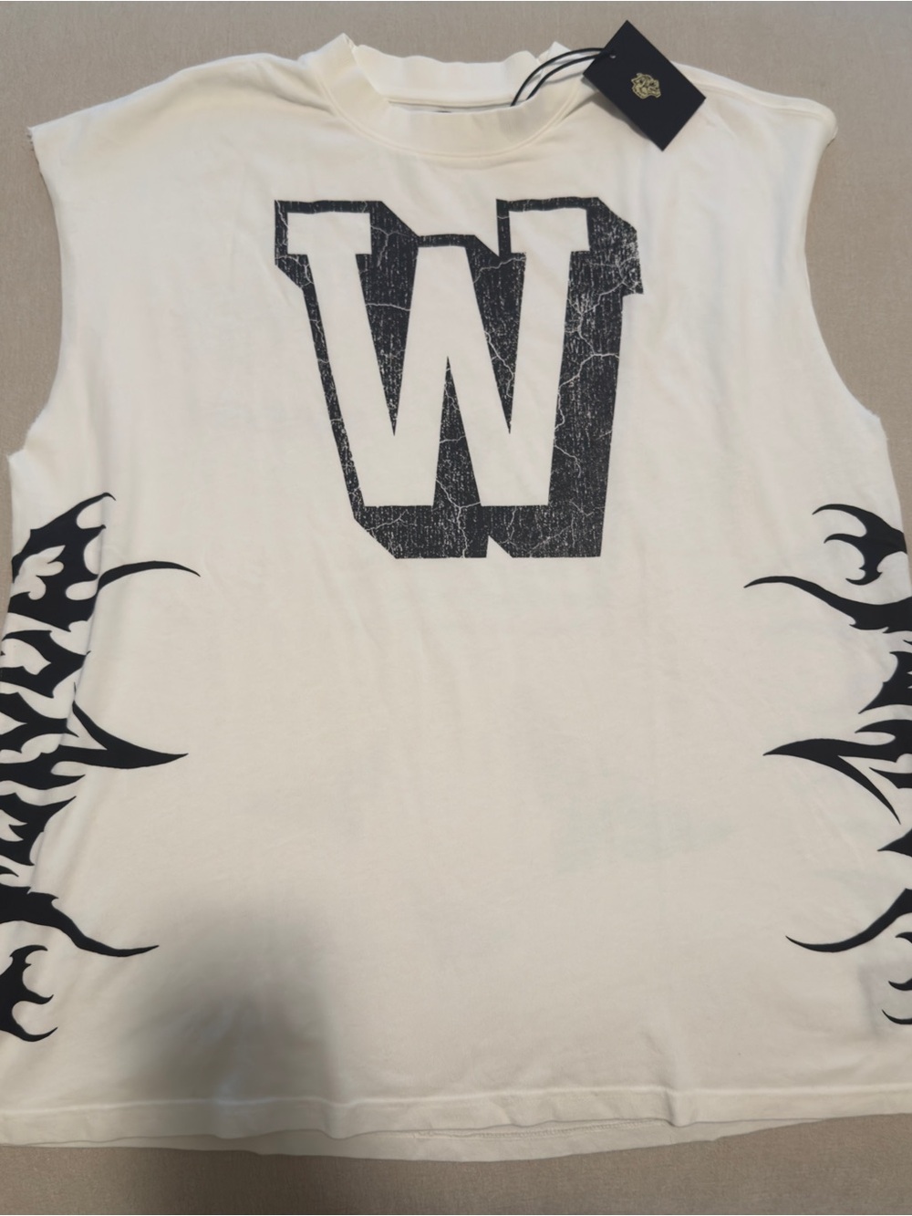 Darc Sport White Sleeveless Tank with Black 'W' and Flame Graphics